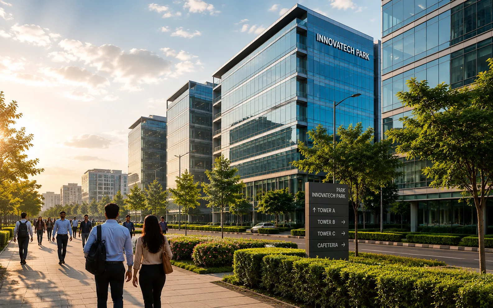 Colleagues walking into a tech park in the morning sun