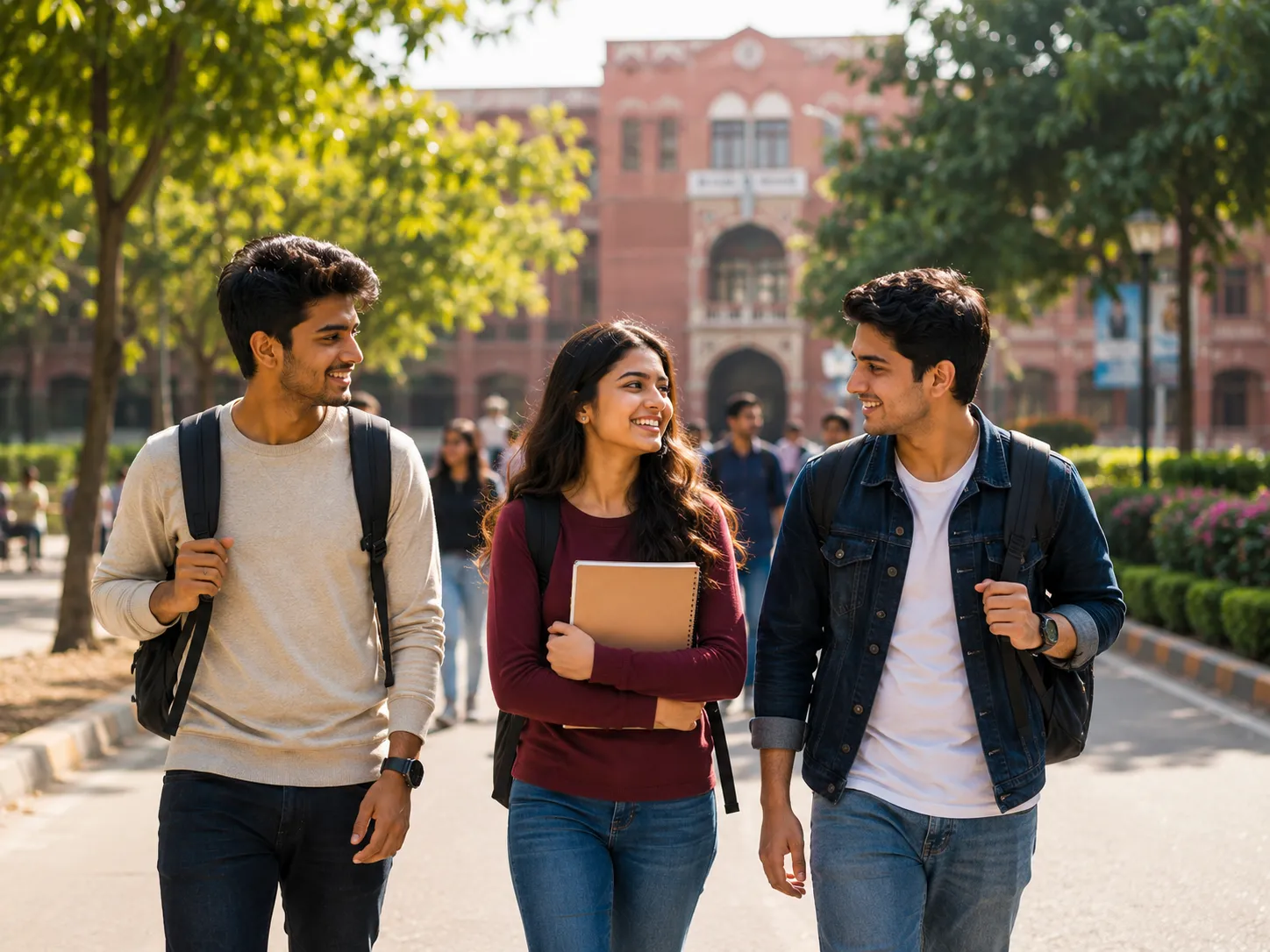 Three students walking across a college campus